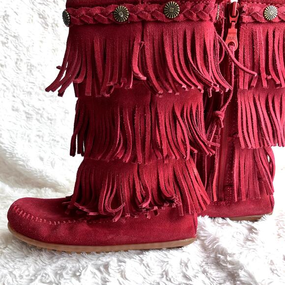 Minnetonka Suede 3-Layer Fringe Girls' Size 12 Toddler Red Zip Up Western - Picture 4 of 16
